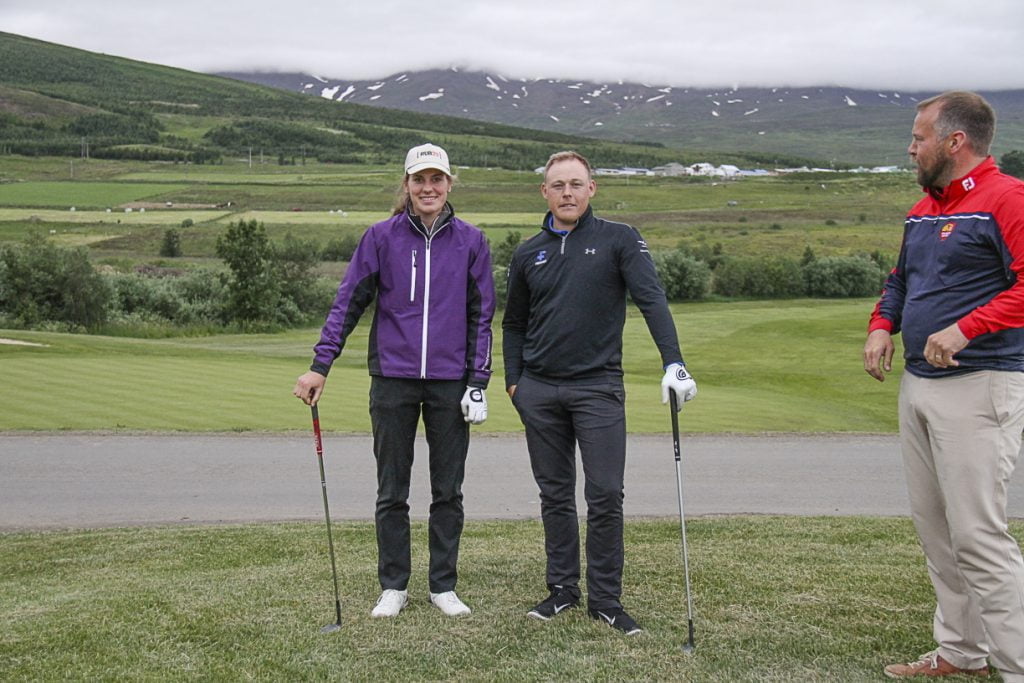 Ólafía Þórunn Kristinsdóttir og Þórður Rafn Gissurarson ásamt Ágústi Jenssyni framkvæmdastjóra GA. Mynd/seth@golf.is