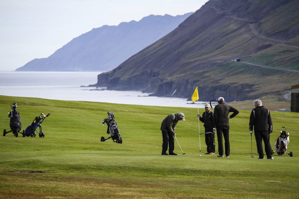 Skeggjabrekkuvöllur, Ólafsfjörður: Á þessari mynd má sjá Ólafsfjarðarmúla og gamla veginn um Múlann (fyrir neðan er gangnamuni Múlagangna) Frá vinstri, Ármann Þórðarson, Jón Jónsson, Hafsteinn Sæmundsson og Hjörleifur Þórhallsson.