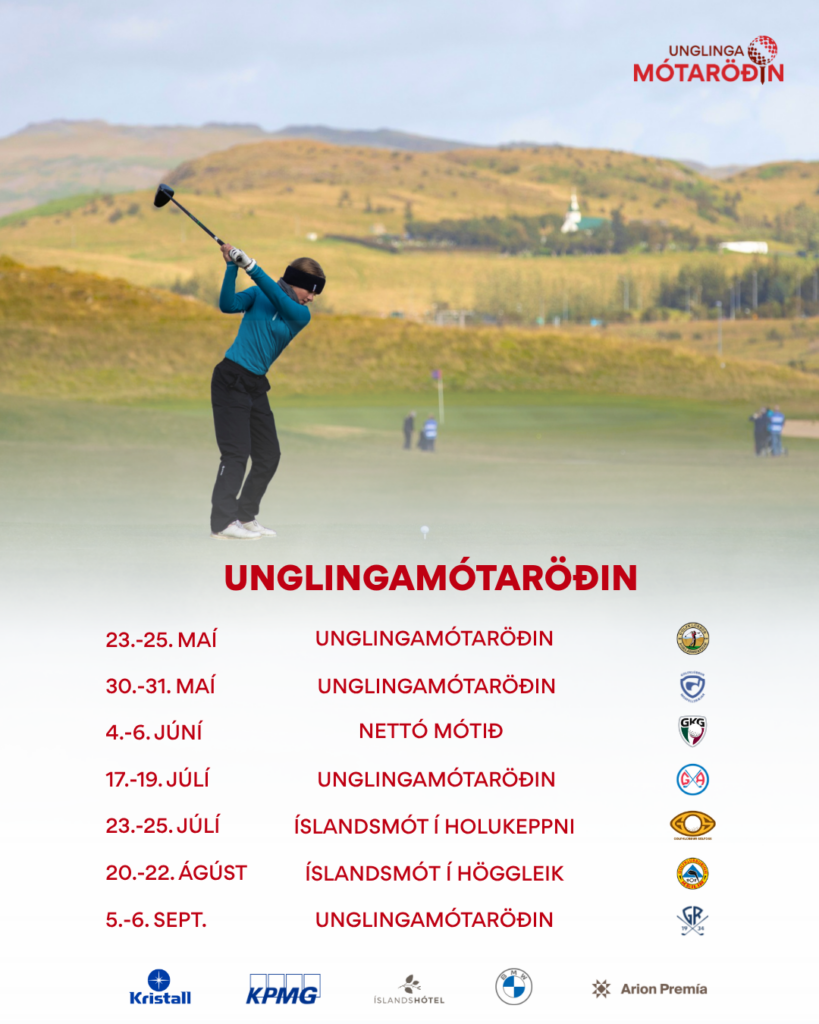 Golfer in teal shirt mid-swing on a golf course; a red Icelandic event title Unglingamótaröðin and sponsor logos appear below.