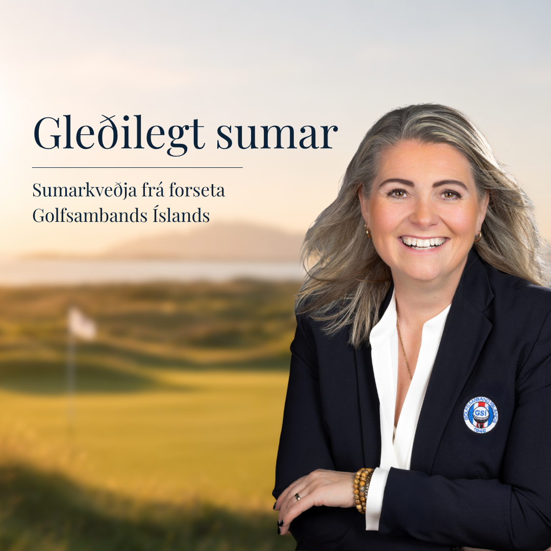 Smiling woman in a blazer on a blurred golf course, with Icelandic summer greeting text: 'Gleðilegt sumar'.