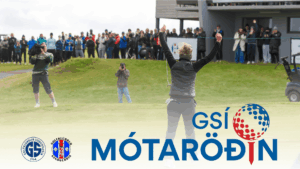Golfer celebrates with raised arms on a grassy course as a cheering crowd looks on, with event branding and logos along the bottom edge.