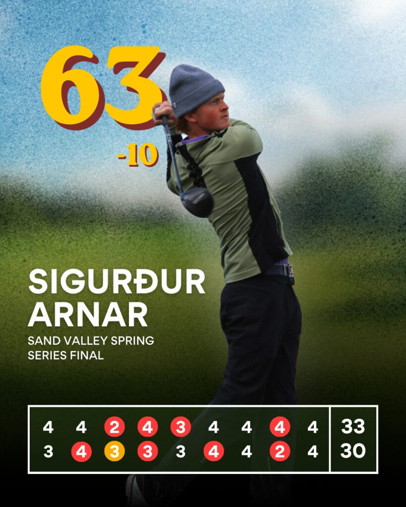 Poster for a golf final starring Sigurdur Arnár mid-swing; large 63 and -10 score with a scorecard at the bottom showing red/yellow markers and numbers.