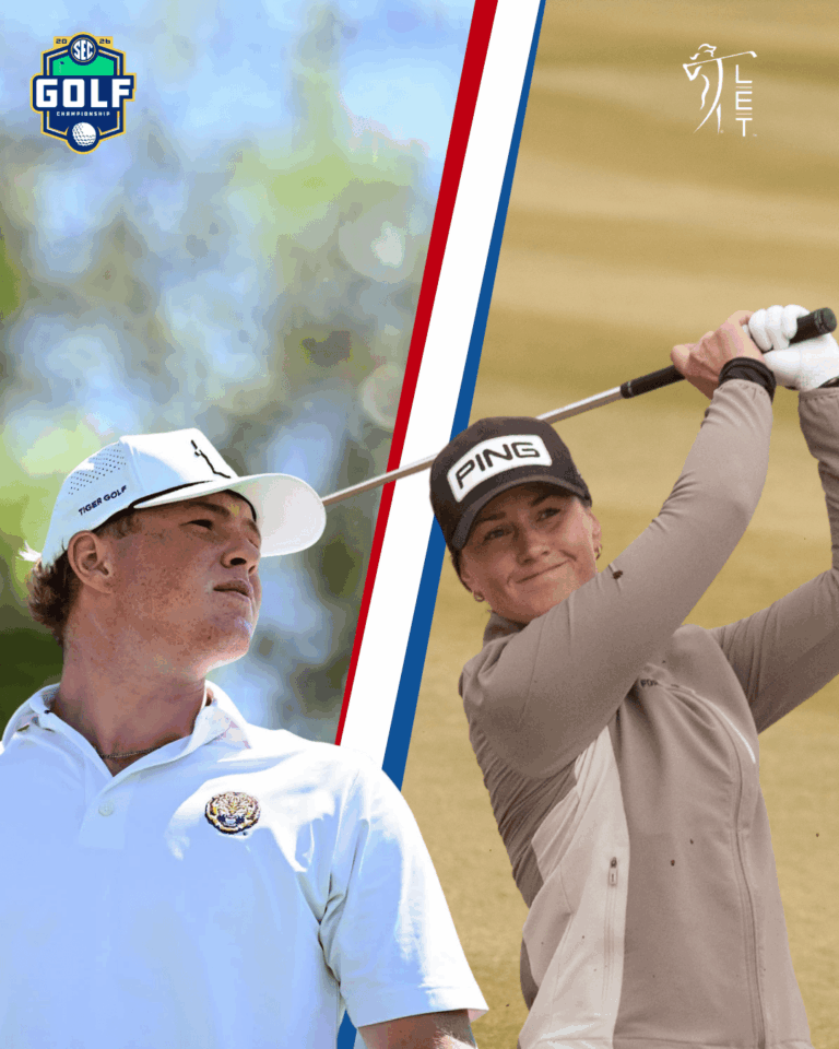 Two golfers mid-swing split by a red‑white‑blue stripe; SEC Golf Championship logo left, LEIT logo right.