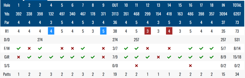 Golf scorecard for 18 holes showing hole numbers, yardages and pars per hole, plus round results rows (D/D, F/W, GiR, S/S, Putts) and totals: 6,207 yards, par 73.
