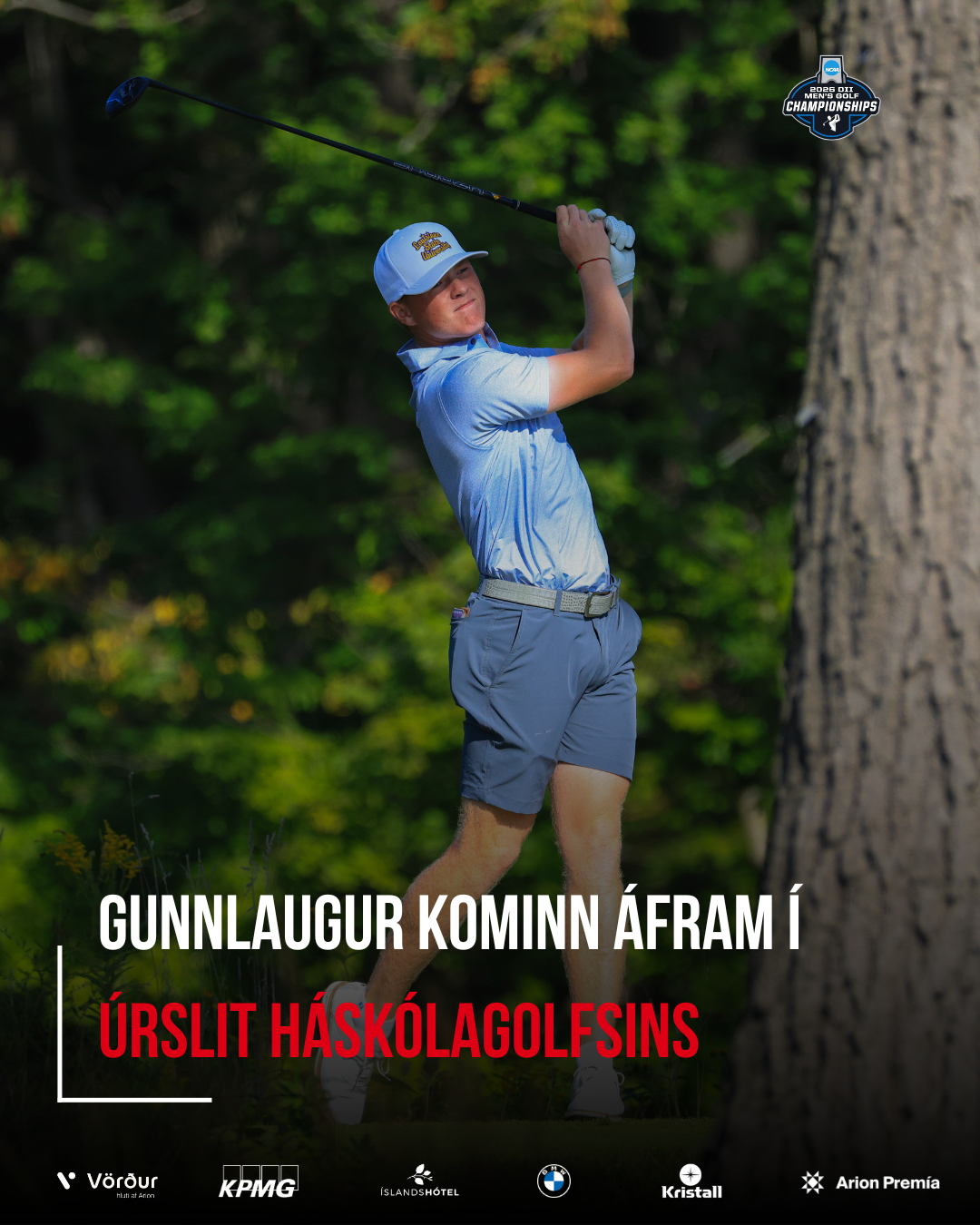 Golfer in light blue polo and cap mid-swing on a lush course, with tournament logo in the top-right corner and sponsor logos at the bottom.