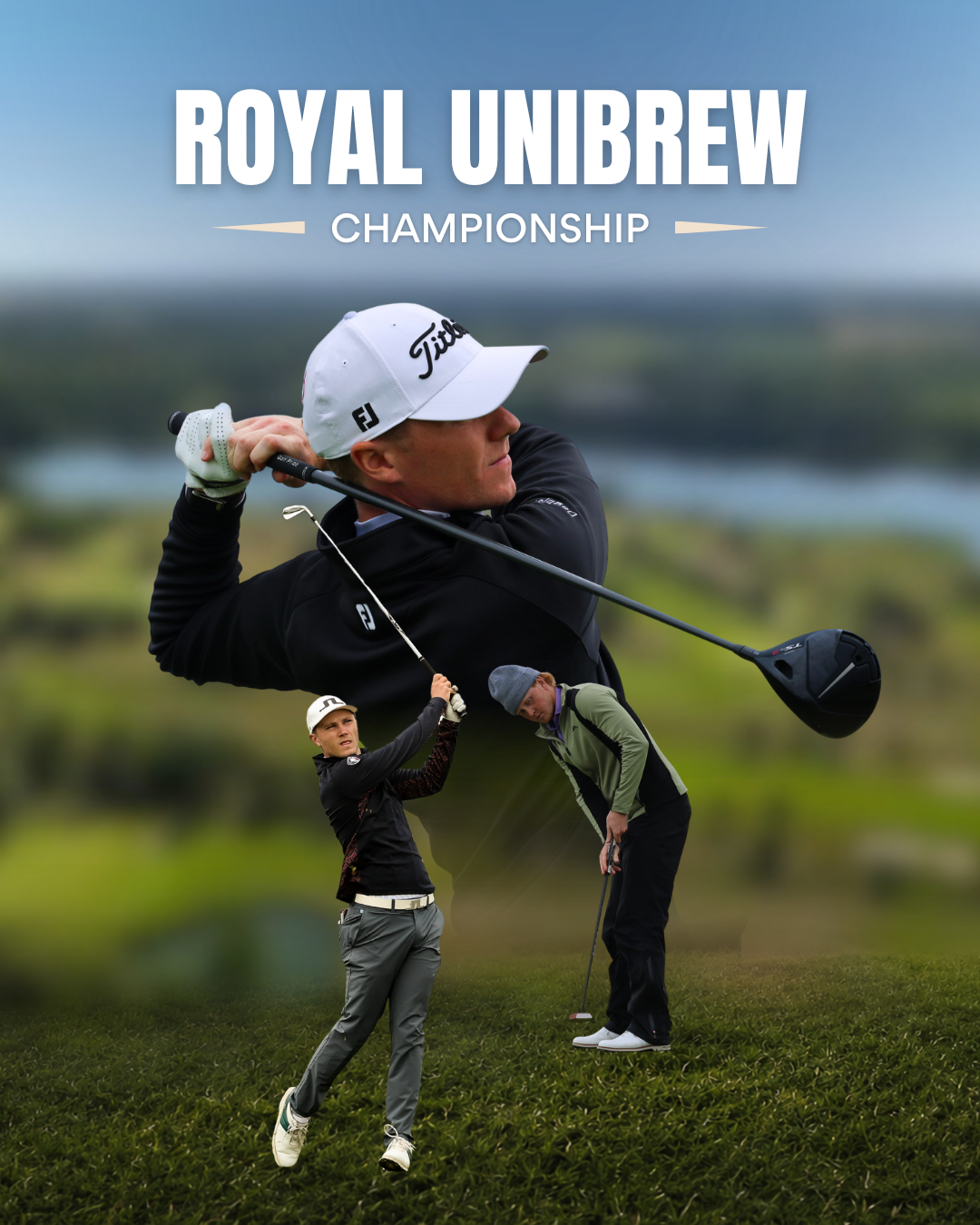 Poster-style image for the Royal Unibrew Championship with a large golfer swing, and two smaller golfers on a green course beneath the bold title text at the top.