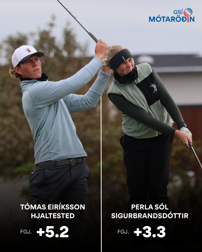 Split-screen image of two golfers mid-swing: left player Tómas Eiríksson Hjaltetsted with +5.2 FGJ, right player Perla Sól Sigurbandsdóttir with +3.3 FGJ; GSÍ MÓTARÖÐIN logo top-right.