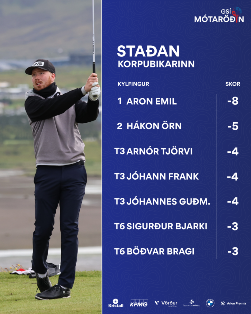 GSÍ mótaröðin 2026 - templates 10 - Golfsamband Íslands Golfer at left mid-swing on a coastal course; right side features a blue leaderboard with names and scores in Icelandic.