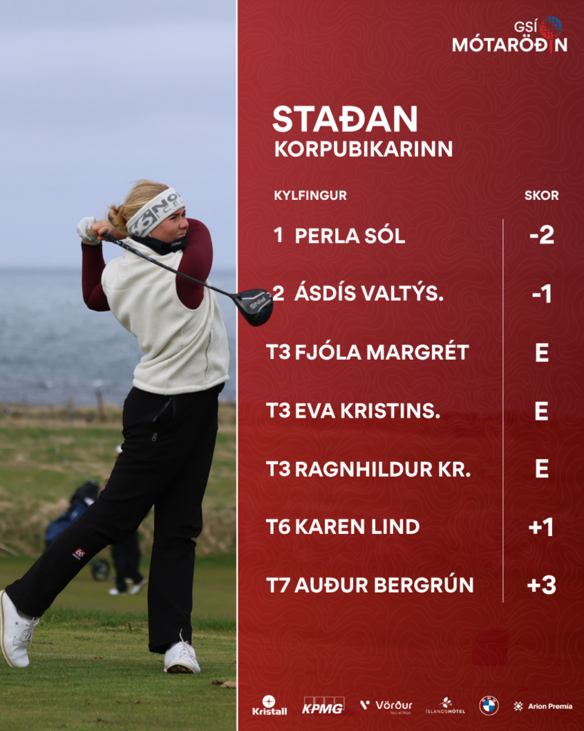 GSÍ mótaröðin 2026 - templates 14 - Golfsamband Íslands Female golfer in a white vest and headband swinging on a golf course beside a red score panel listing names and scores.