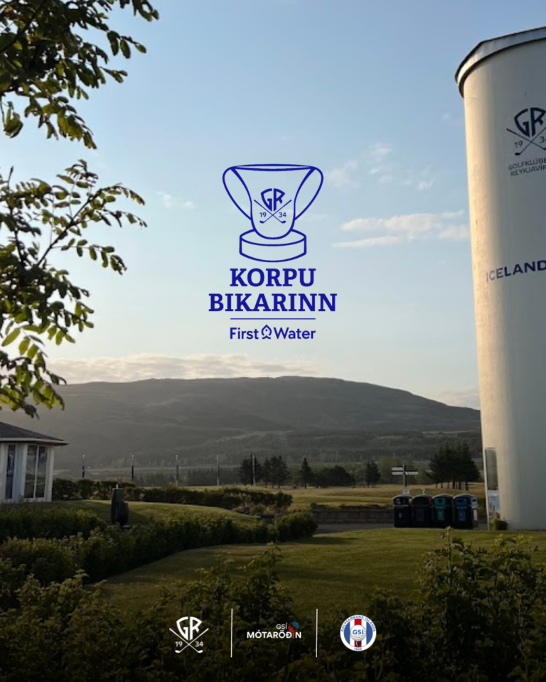 Blue Korpu Bikarinn First Water logo centered over a park landscape with a white water tower labeled Iceland on the right; sponsor logos along the bottom.