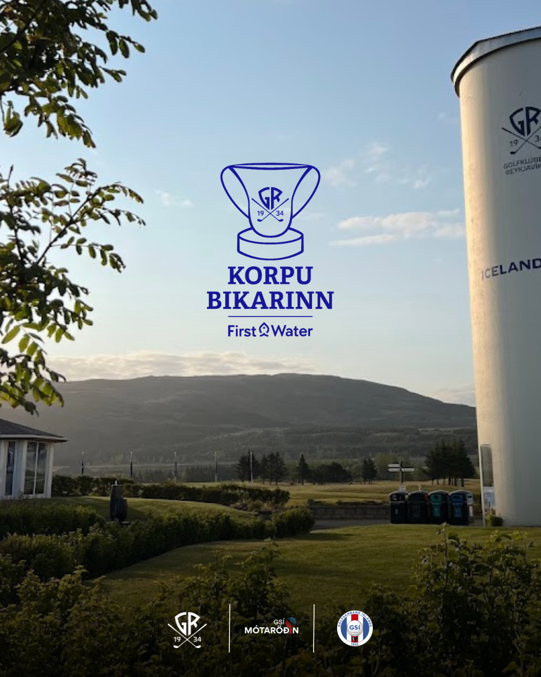 Blue Korpu Bikarinn First Water logo centered over a park landscape with a white water tower labeled Iceland on the right; sponsor logos along the bottom.