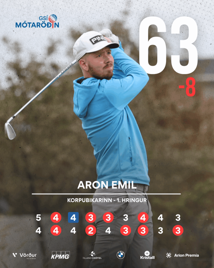 GSÍ mótaröðin 2026 - templates 9 - Golfsamband Íslands Golfer in a blue jacket swinging a club with large 63 and red -8 overlays; name Aron Emil and event caption shown at bottom with sponsor logos.