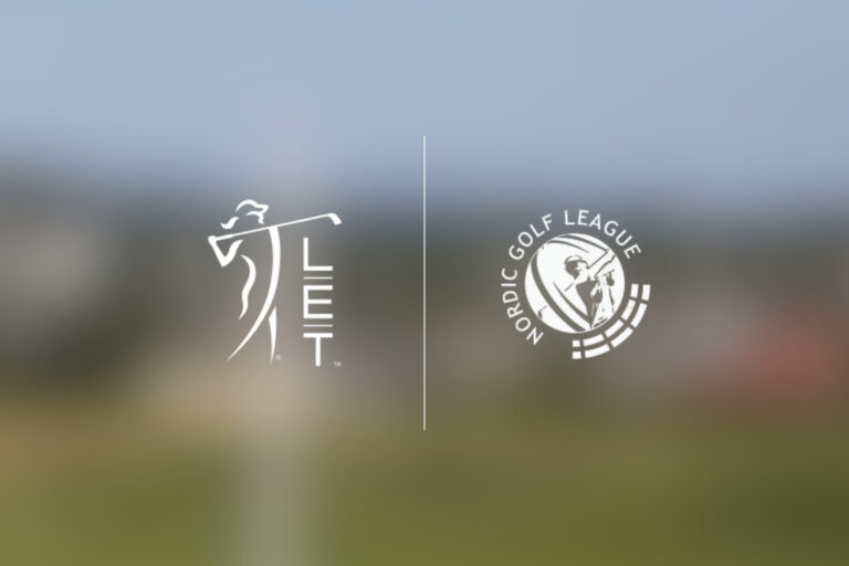 Blurred outdoor scene with two golf logos side by side, separated by a thin white divider line; left logo features a stylized golfer and vertical text, right logo reads Nordic Golf League inside a circular emblem.