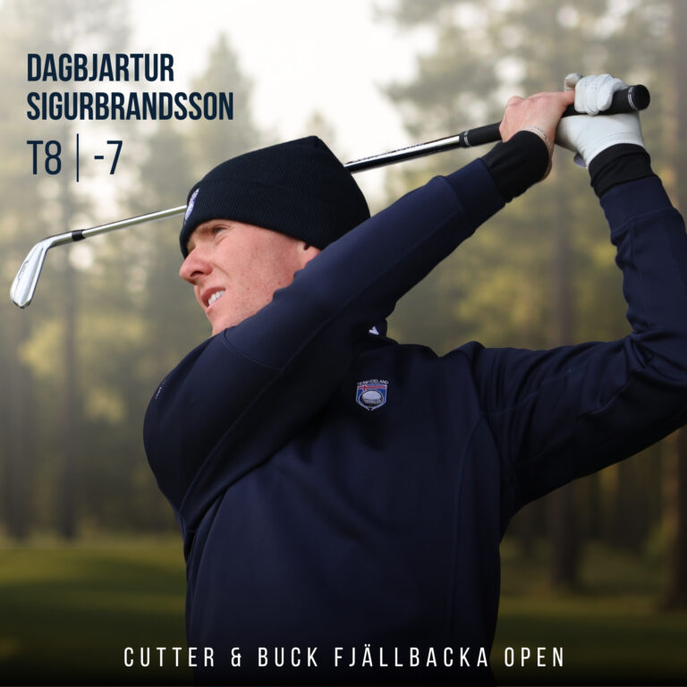 Golfer in a navy jacket and black beanie swinging a golf club, with large name and score text over a blurred forest backdrop: Dagbjartur Sigurbbrandsson T8 -7.