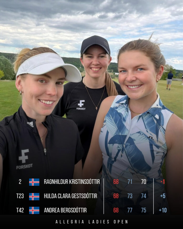 Three female golfers pose for a selfie on a golf course during Allegria Ladies Open, with a scoreboard overlaid at the bottom showing scores and names.