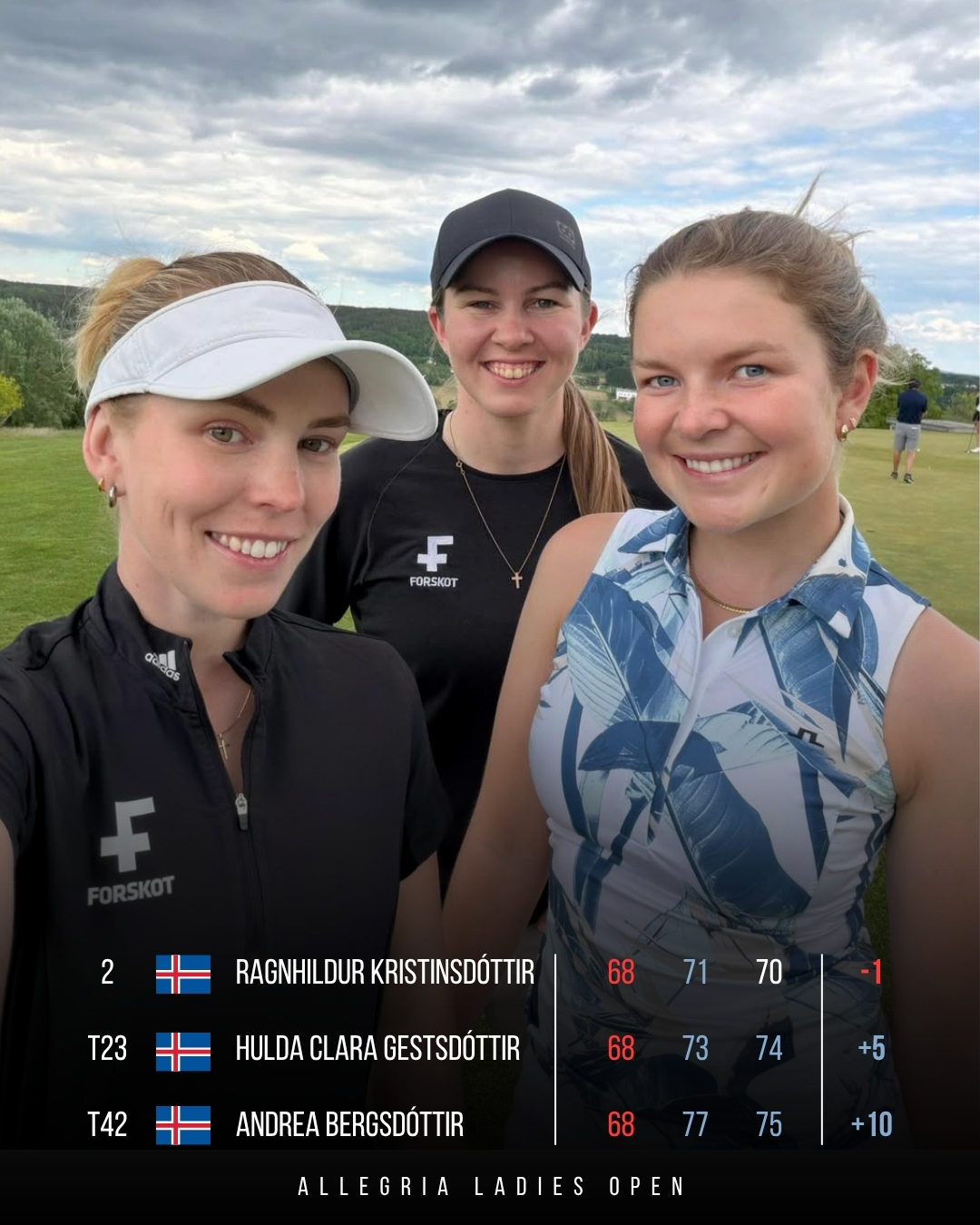 Three female golfers pose for a selfie on a golf course during Allegria Ladies Open, with a scoreboard overlaid at the bottom showing scores and names.