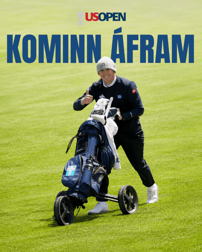 Golfer pushing a golf bag on a cart on a sunny green course, giving a thumbs up, with US Open branding and large blue text above.