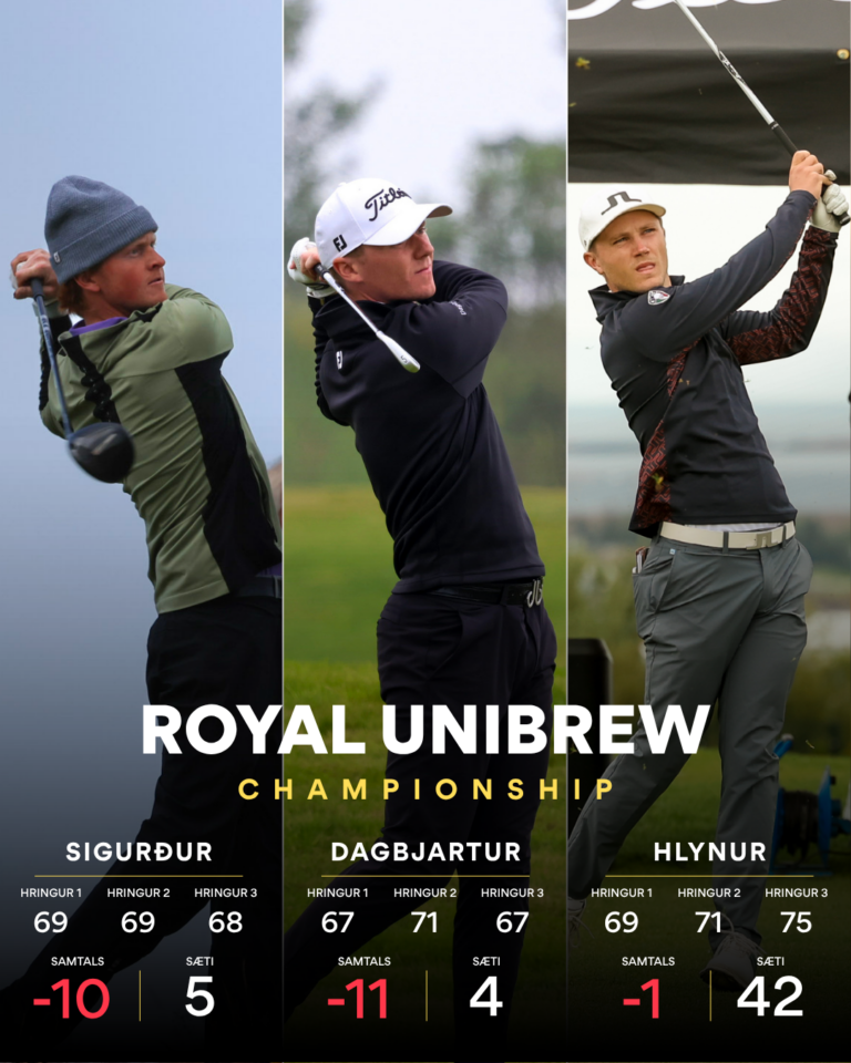 Poster for the Royal Unibrew Championship showing three golfers in action, split into panels with player names and scores at the bottom.