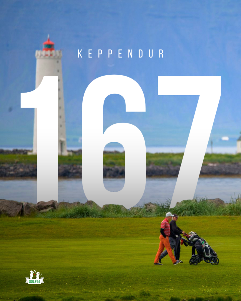 Íslandsmótið 2026 grafík 1 - Golfsamband Íslands Poster for Keppendur 167 golf event showing a lighthouse, a green fairway, and two golfers with a golf cart; Golf14 logo bottom left.