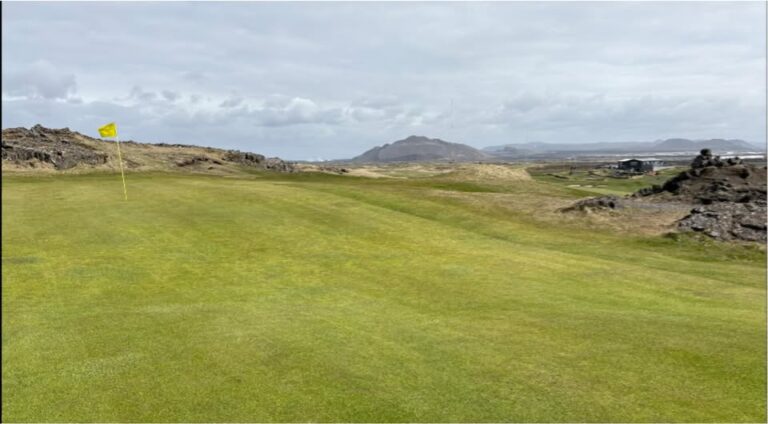 Putting green with a yellow flag, rocky coastal landscape in the background under a cloudy sky.