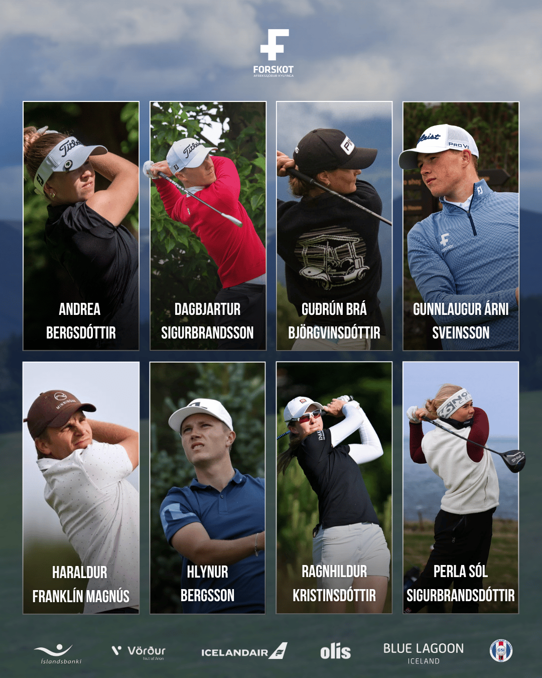 Grid showcasing eight Icelandic golfers with their names: Andrea Bergsdóttir, Dagbjartur Sigurbra... wait: transcription}}