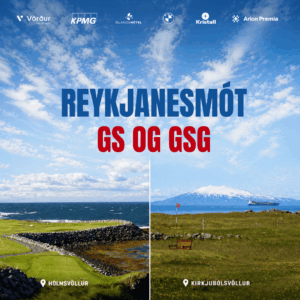 Banner comparing two Icelandic sites: left shows Hólmsvöllur golf course coastline; right shows Kirkjubólsvöllur with grassy field and a distant mountain, with sponsor logos along the top and bold Icelandic title in the center.