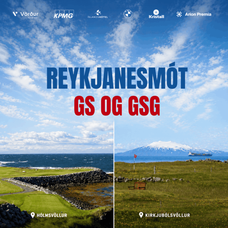 Banner comparing two Icelandic sites: left shows Hólmsvöllur golf course coastline; right shows Kirkjubólsvöllur with grassy field and a distant mountain, with sponsor logos along the top and bold Icelandic title in the center.