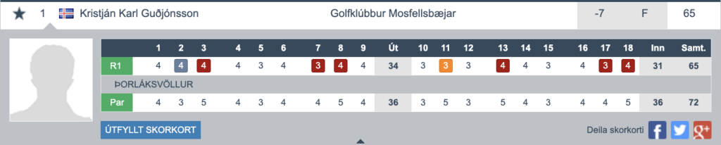Screenshot 2026-05-23 at 145006 - Golfsamband Íslands Golf scorecard for Kristján Karl Guðjónsson from Golfklúbbur Mosfellsbæjar, total 65.