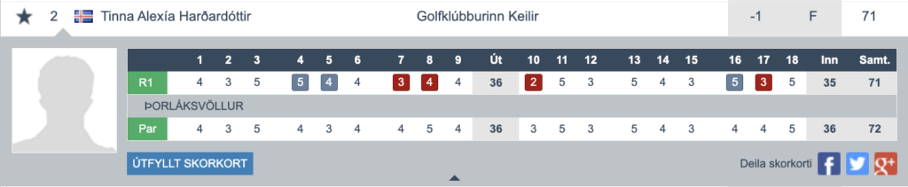 Screenshot 2026-05-23 at 150525 - Golfsamband Íslands Golf scorecard for Tinna Alexía Harðardóttir at Golfklúbburinn Keilir, showing hole-by-hole scores (R1 and Par), final totals, and a share row with social icons.