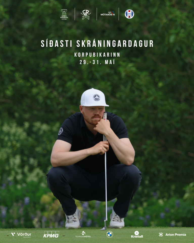 Golfer crouching on a green with a putter, part of an outdoor event poster showing dates and sponsor logos in Icelandic text at the top.