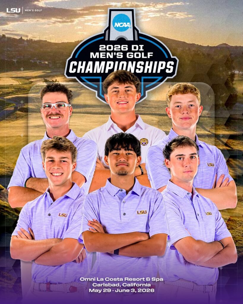 The quest for an NCAA title is within reach as the Tigers start stroke play on Friday - Golfsamband Íslands Poster for the 2026 NCAA DI Men's Golf Championships featuring six LSU golfers in lavender polo shirts with the championship logo above and venue/date text at the bottom (Omni La Costa Resort & Spa, May 29–June 3, 2026).