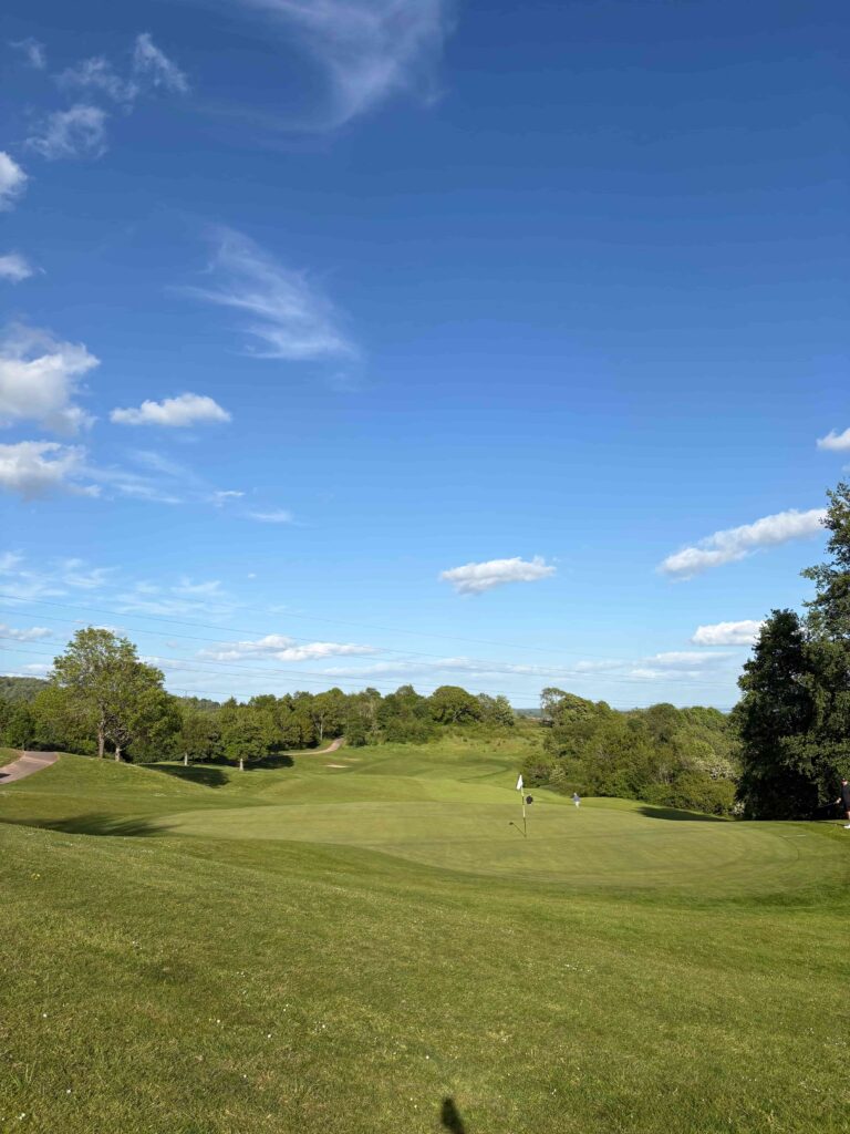 Wide view of a golf course with a green and flag near the hole, surrounded by trees under a clear blue sky.
