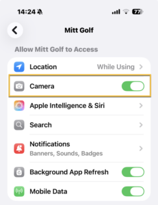 Mitt Golf app permissions screen: Location set to While Using, Camera toggle on; other options listed (Apple Intelligence & Siri, Search, Notifications, Background App Refresh, Mobile Data).