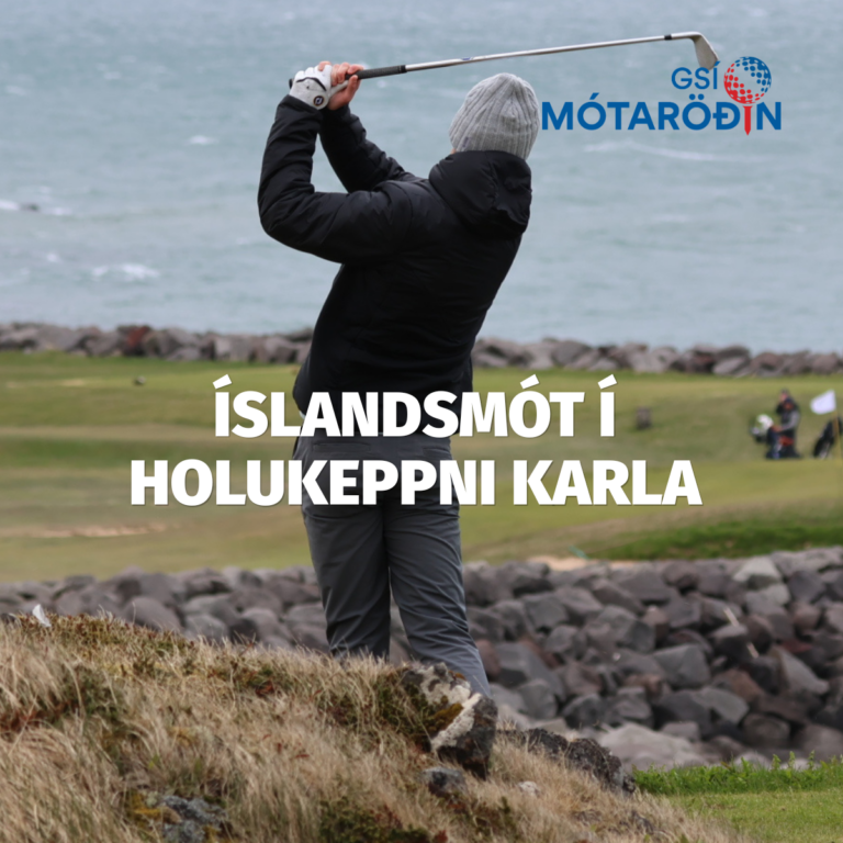 Golfer in a black winter jacket and gray beanie swings a club on a rocky coastal golf course, with GSI MÓTARÐIN logo and headline ÍSLANDSMÓT Í HOLUKEPPNI KARLA.
