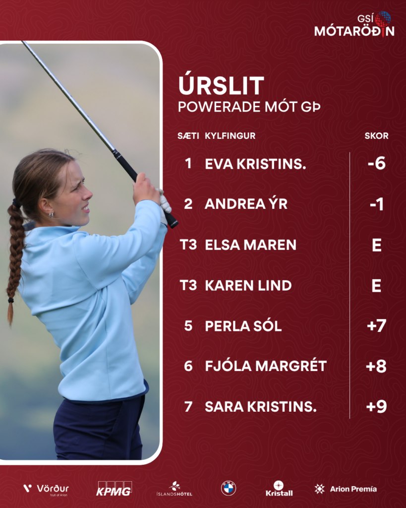GSÍ mótaröðin 2026 - templates 42 - Golfsamband Íslands Young girl in a light blue jacket swings a golf club on the left; a leaderboard with names and scores sits on the right against a maroon patterned background.
