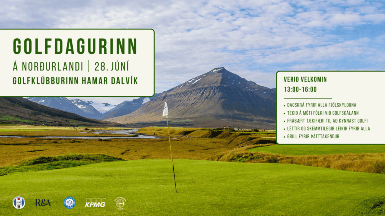 Event poster on a Scottish-green golf course in Iceland: beige panels with green borders showing 'GOLFDAGURINN' and date details, set against a mountain landscape.