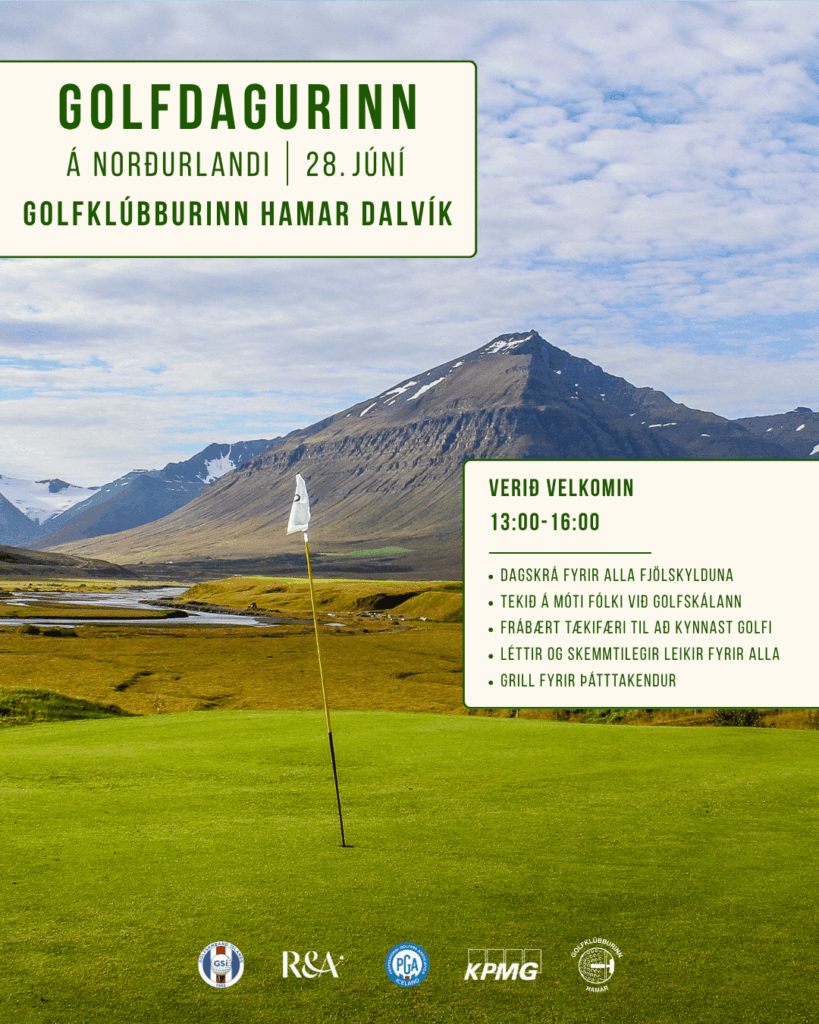 GV fb insta 11 - Golfsamband Íslands Promotional poster for Golfdagurinn at Nordurlandi, June 28, with a mountain golf course scene and a cream info panel listing schedule and activities on the right.