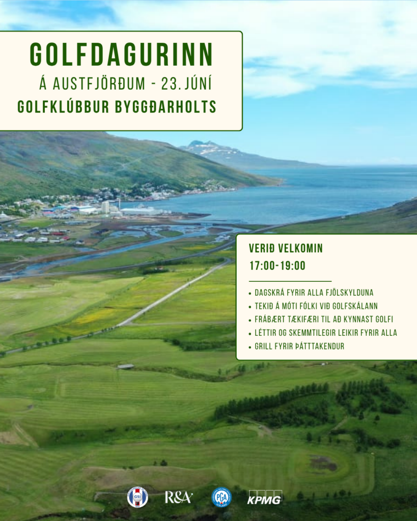 GV fb insta 3 - Golfsamband Íslands Ális poster fyrir Golfdagurinn á Austfjörðum, 23. júní, með fallegu landslagi við sjóinn og fjöllin; stærri texti segir Golfdagurinnn á Austfjörðum - 23. júní og Golfklúbbur Byggðarholts.