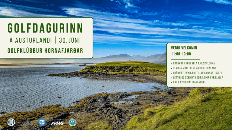 Event poster for Golf Day in Austurland on June 30, with welcome session 11:00–13:00 and a list of activities; coastal Icelandic landscape in the background.