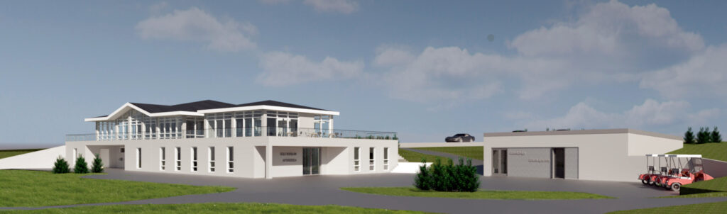 Golfskali_Keilir_Model_C5rvt_2026-May-07_11-32-37AM-000_3D_View_135_jpg-1-1024x302 - Golfsamband Íslands Modern white two-story building with glass walls, adjacent low structures, and a golf cart on a driveway amid green lawns.