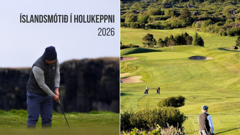 Split image: left shows a golfer in a blue beanie and vest preparing to swing; right shows a sunny, hilly golf course with a green, bunkers, and players.