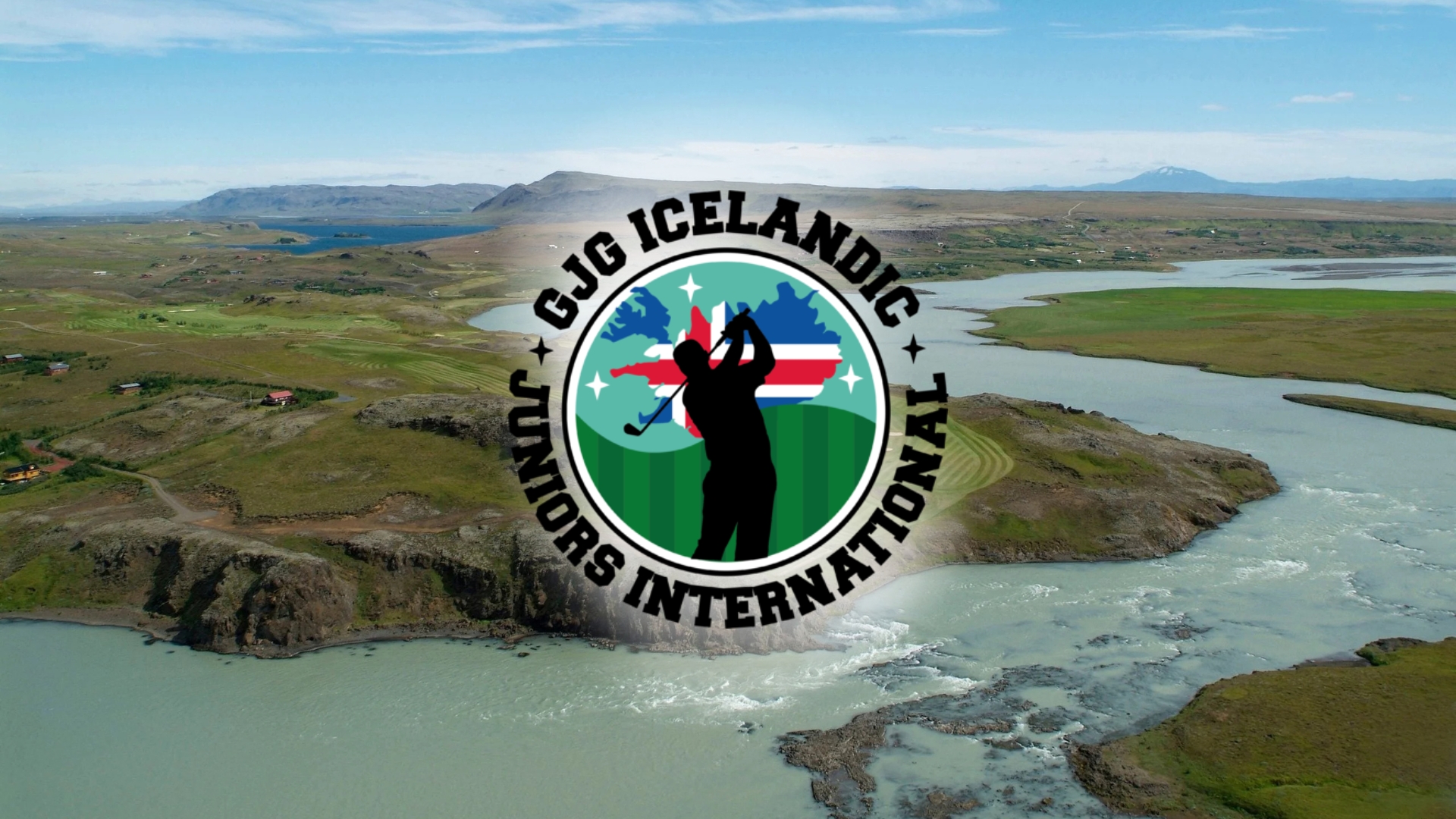 Aerial view of Icelandic plains and rivers with a large circular emblem featuring a golfer silhouette over a flag-inspired background in the center of the image.