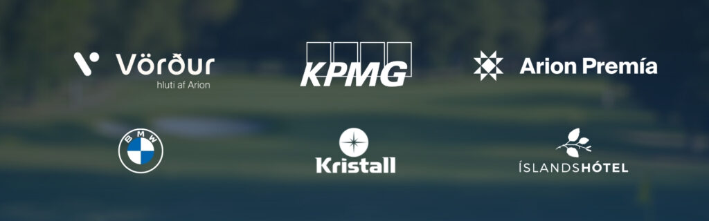 Collage of partner logos: Vörður, KPMG, Arion Premía, BMW, Kristall, and Islandshótel on a blurred outdoor background.