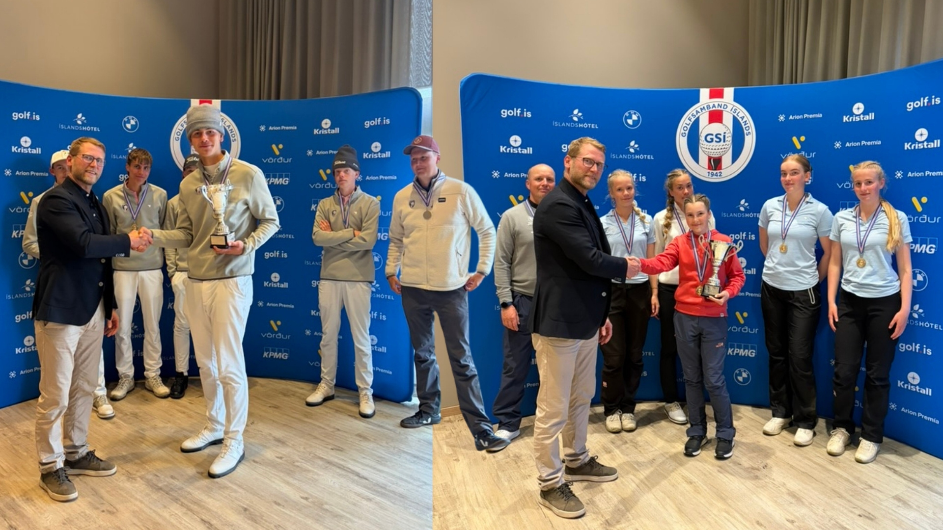 Two groups of young athletes shake hands on a podium as medals and trophies are awarded in front of a blue sponsor wall.