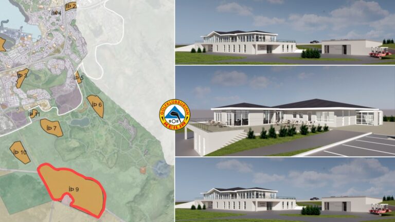 collage showing a site map with numbered plots on the left and three 3D renderings of a modern golf club clubhouse on the right; includes parking areas and landscaping, all in a light, airy design