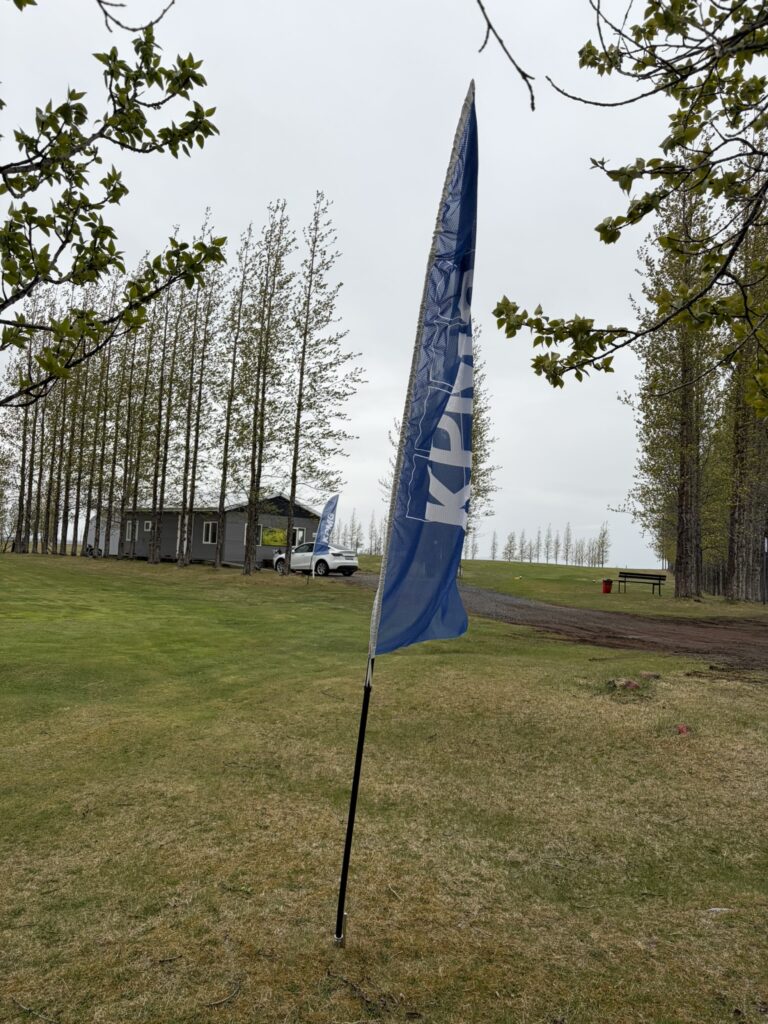 IMG_6058 - Golfsamband Íslands Blue promotional flag on a tall pole in a grassy park, with trees, a bench, and a building in the background.