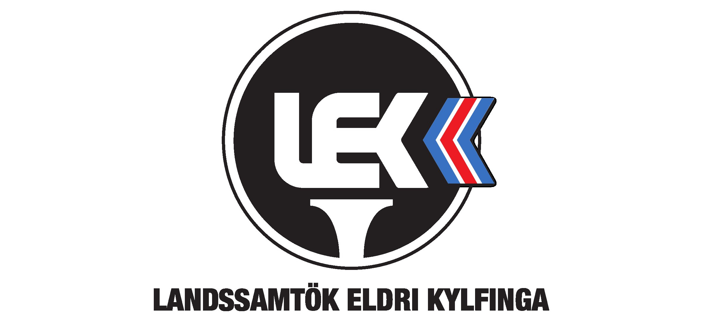 Logo: black circular badge with white 'EK' letters and a red, white, blue chevron extending to the right; bold text below.