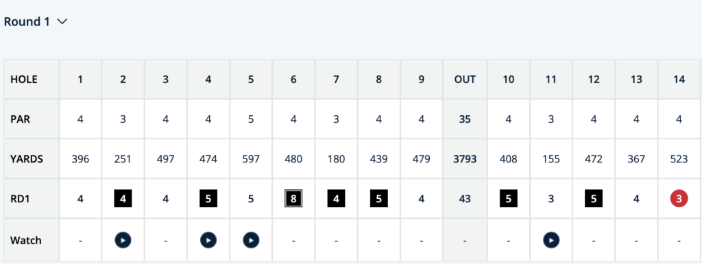 Screenshot 2026-06-18 at 213846 - Golfsamband Íslands Golf scorecard for Round 1 showing HOLE numbers 1–14 with OUT column, PAR, YARDS, and RD1 scores; black score boxes indicate per-hole scores. Watch icons suggest video playback for rounds.