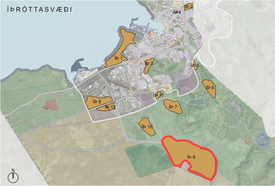 golfvellir - Golfsamband Íslands Coastal map showing orange numbered plots labeled Íþróttasvæði; plot 9 is outlined in red along the south edge.
