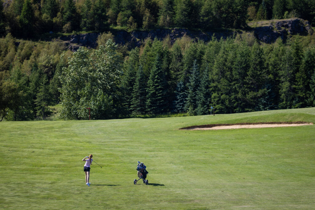 Person playing golf on a green fairway with a pushcart and wooded hillside in the background.